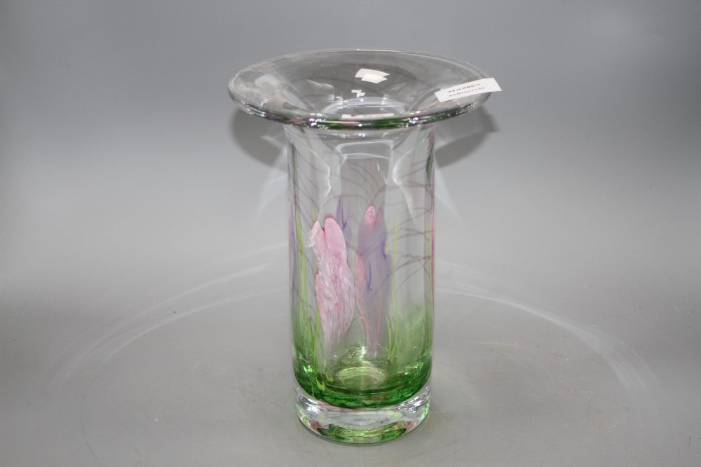 A Caithness glass vase, decorated with stylised crocuses, height 25cm, with original box